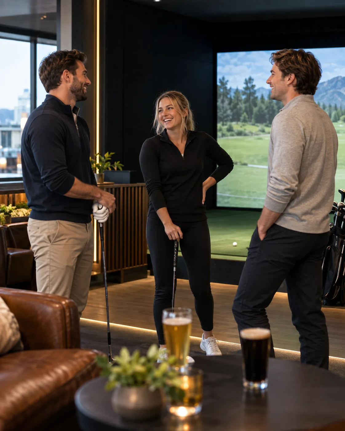 Friends enjoying an indoor golf session